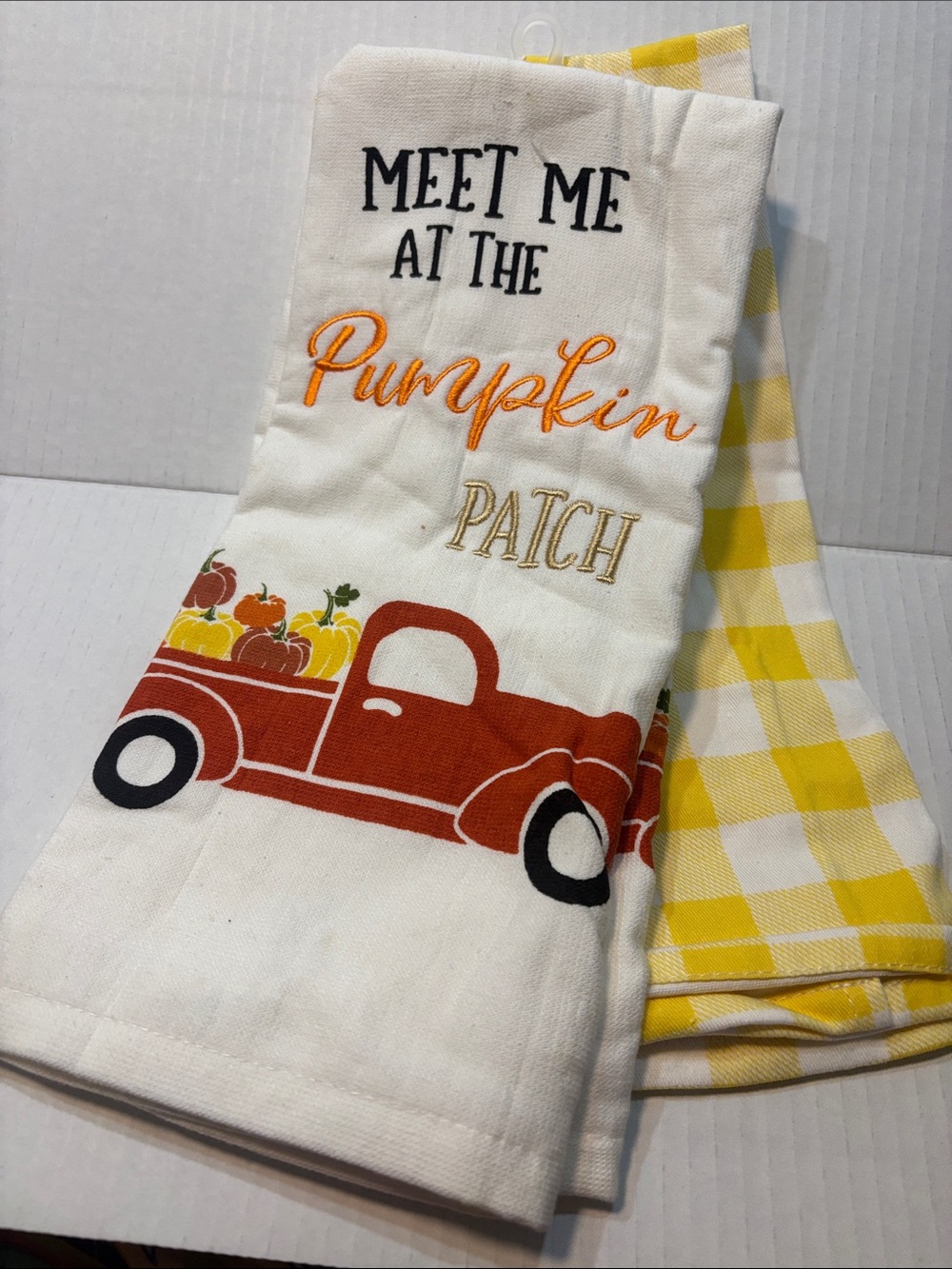 Meet Me at the Pumpkin Patch Fall Kitchen Towel - White and Yellow